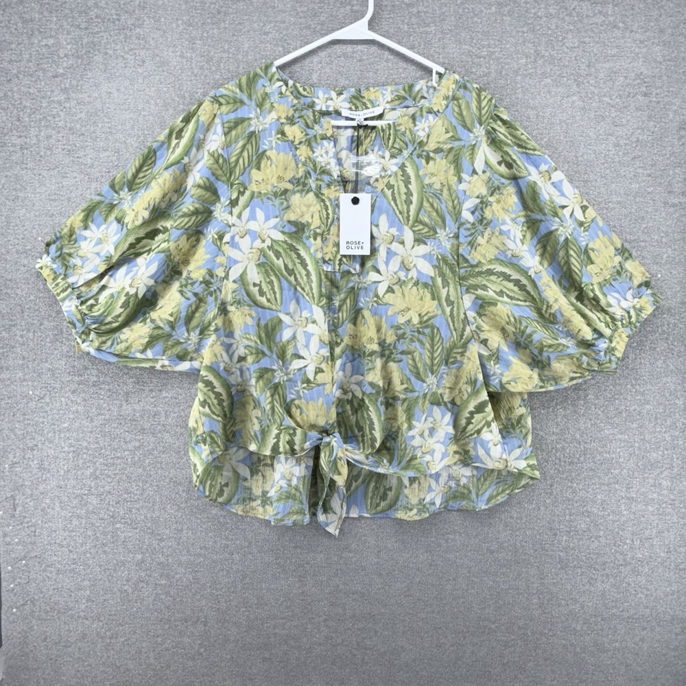 Rose + Olive Blouse Top Women Size XL Green Tropical Puff Sleeves NEW